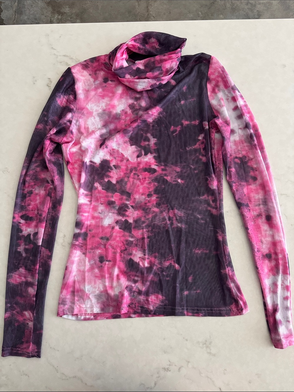 superdown Pink and Black Tie-Dye Mock Neck Long Sleeve Top